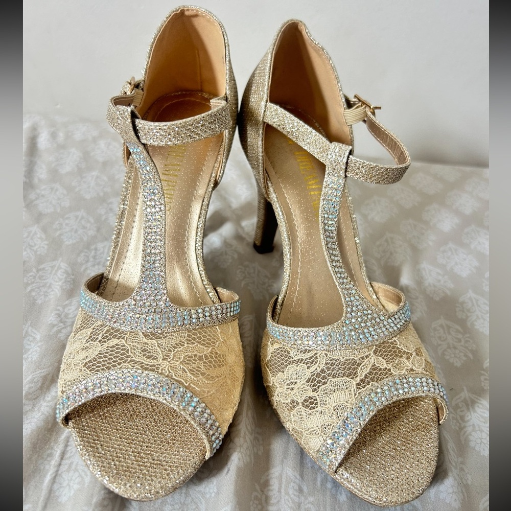 Women's Stilettos Heel Sandals Ankle Strap Open Toe sz 6.5 Gold
